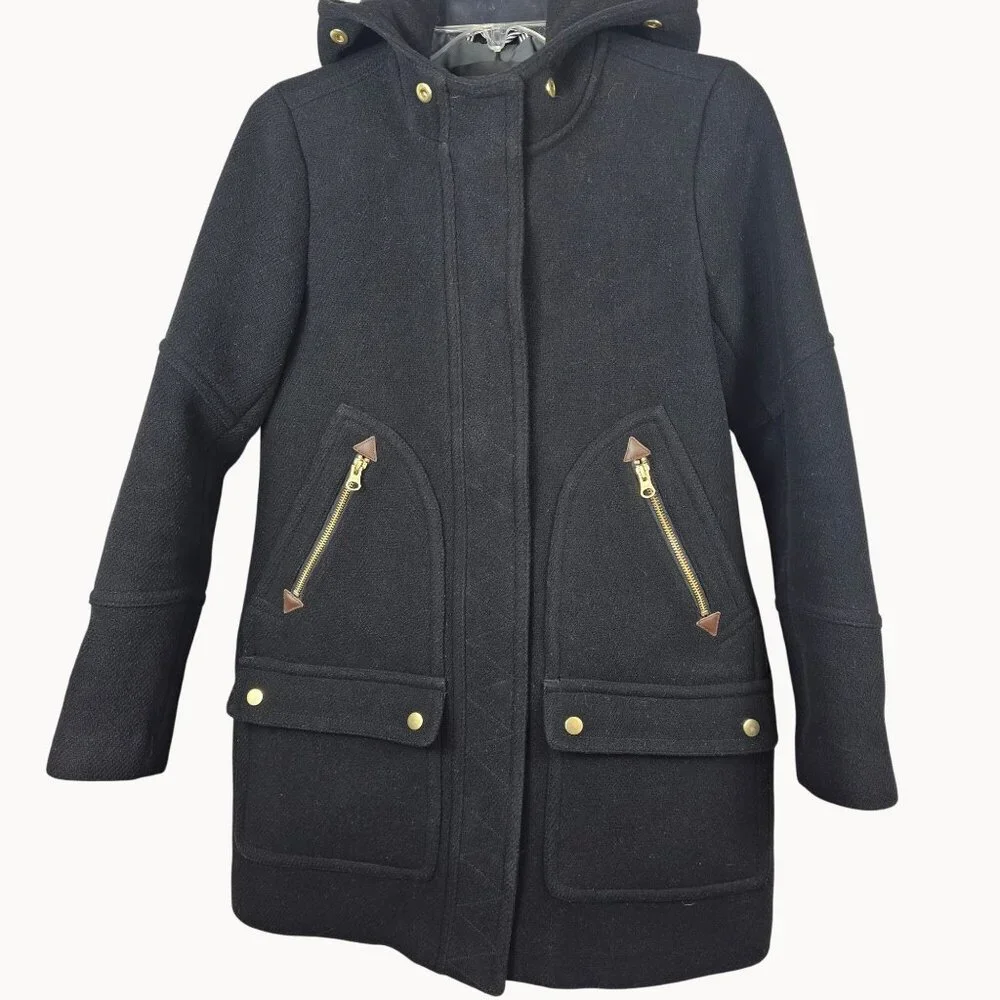 J.Crew Womens 2 Italian Wool Hooded Tailored Coat Black Lined Gold Accents Warm - Picture 1 of 15